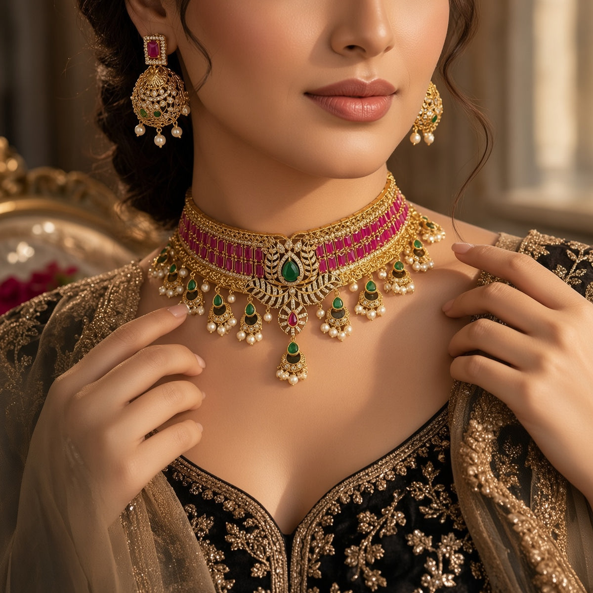 Gold Plated Ruby Emerald Choker Set with Jhumkas