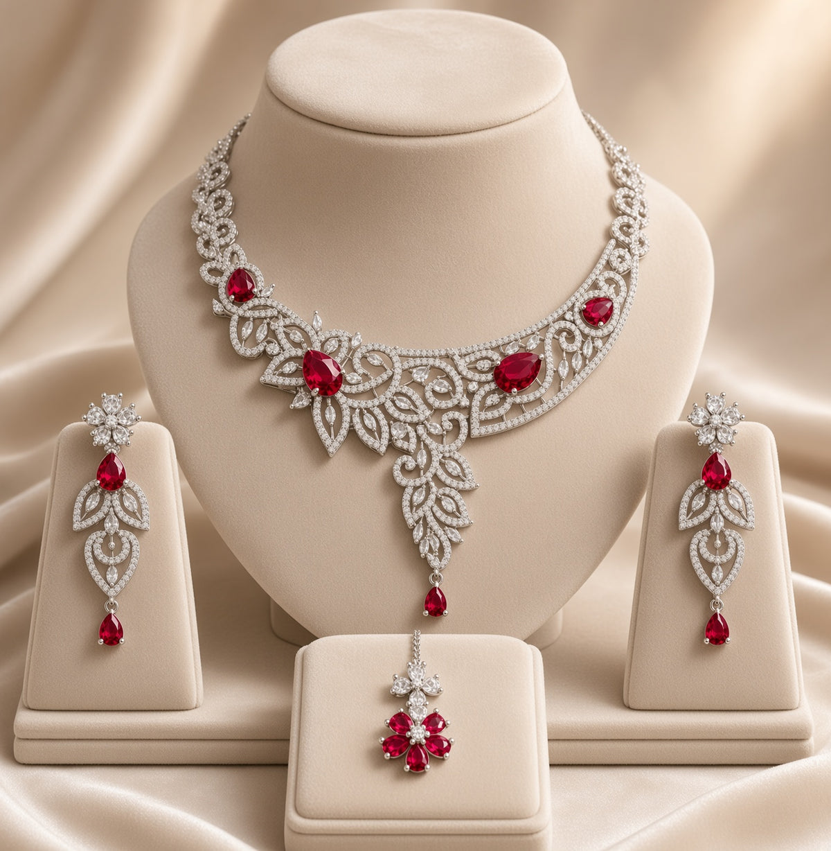 Ruby Stone Bridal Necklace Set with Earrings & Tikka