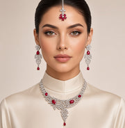 Ruby Stone Bridal Necklace Set with Earrings & Tikka