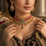 Gold Plated Ruby Emerald Choker Set with Jhumkas