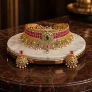 Gold Plated Ruby Emerald Choker Set with Jhumkas