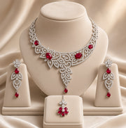 Ruby Stone Bridal Necklace Set with Earrings & Tikka