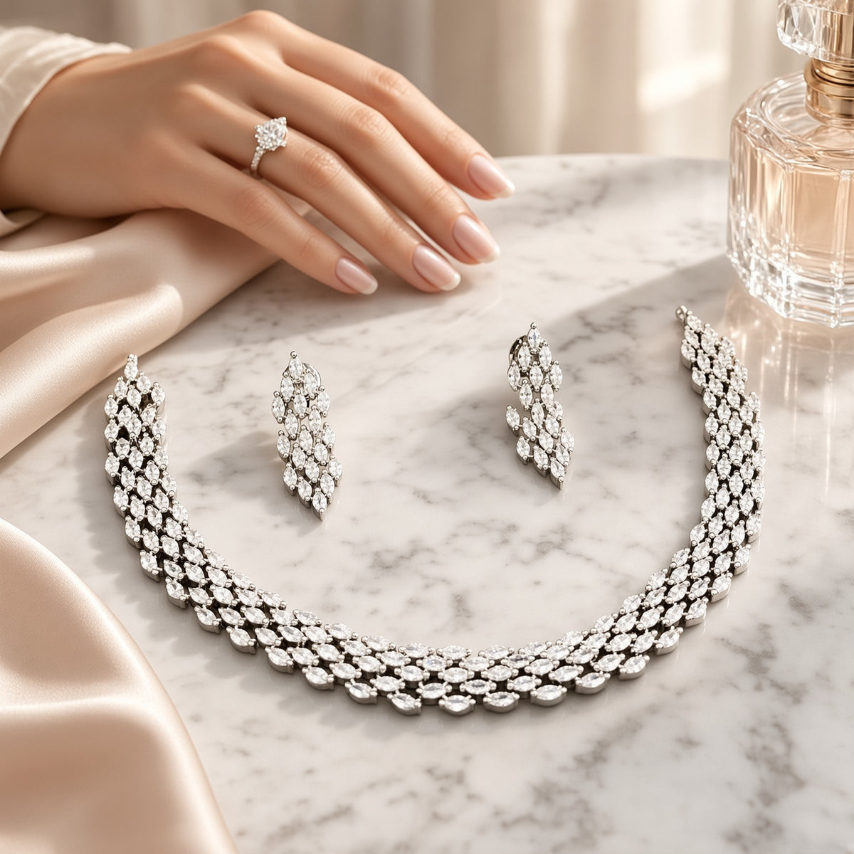 Silver AD Marquise Necklace Set with Earrings