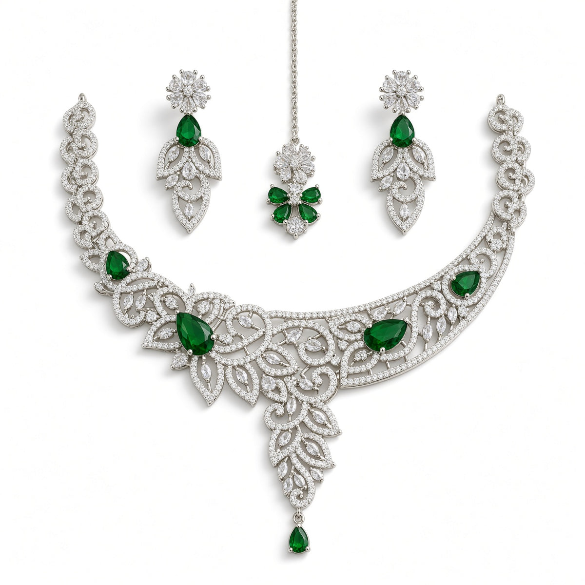 Ruby Stone Bridal Necklace Set with Earrings & Tikka