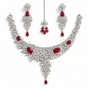 Ruby Stone Bridal Necklace Set with Earrings & Tikka