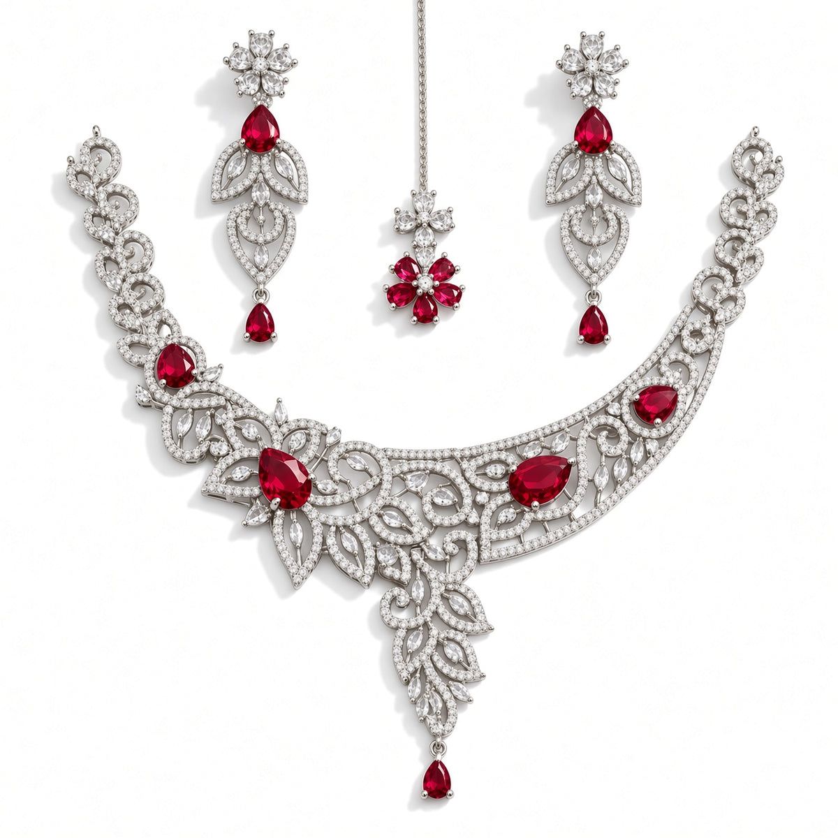 Ruby Stone Bridal Necklace Set with Earrings & Tikka