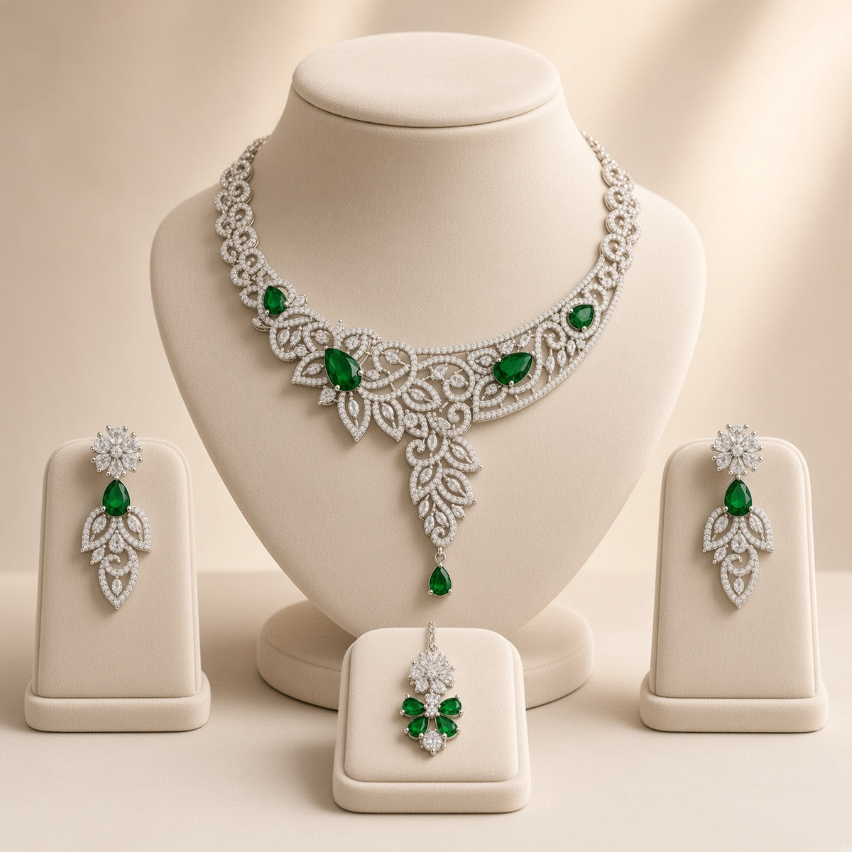 Ruby Stone Bridal Necklace Set with Earrings & Tikka