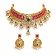 Gold Plated Ruby Emerald Choker Set with Jhumkas