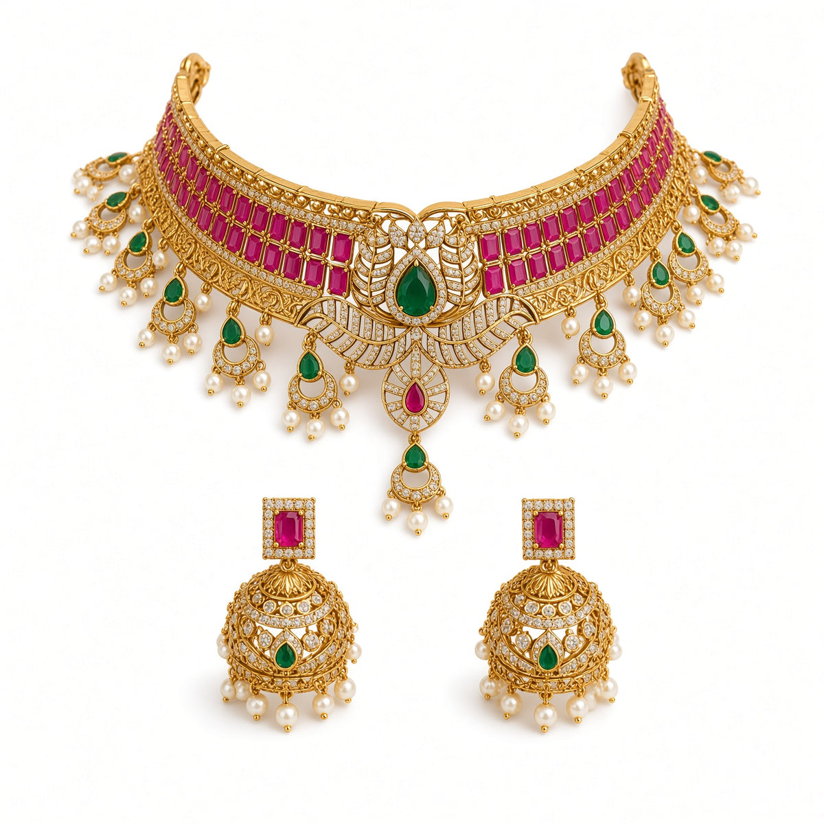 Gold Plated Ruby Emerald Choker Set with Jhumkas